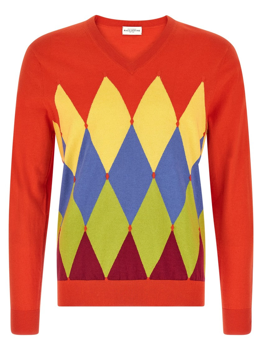Ballantyne Vibrant Argyle Jacquard Sweater With V-Neck And Cuffed Sleeves