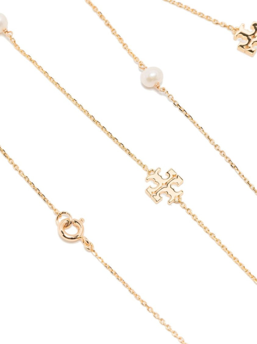 Tory Burch Delicate Gold-Tone Chain Necklace With Pearl Accents And Logo Charms