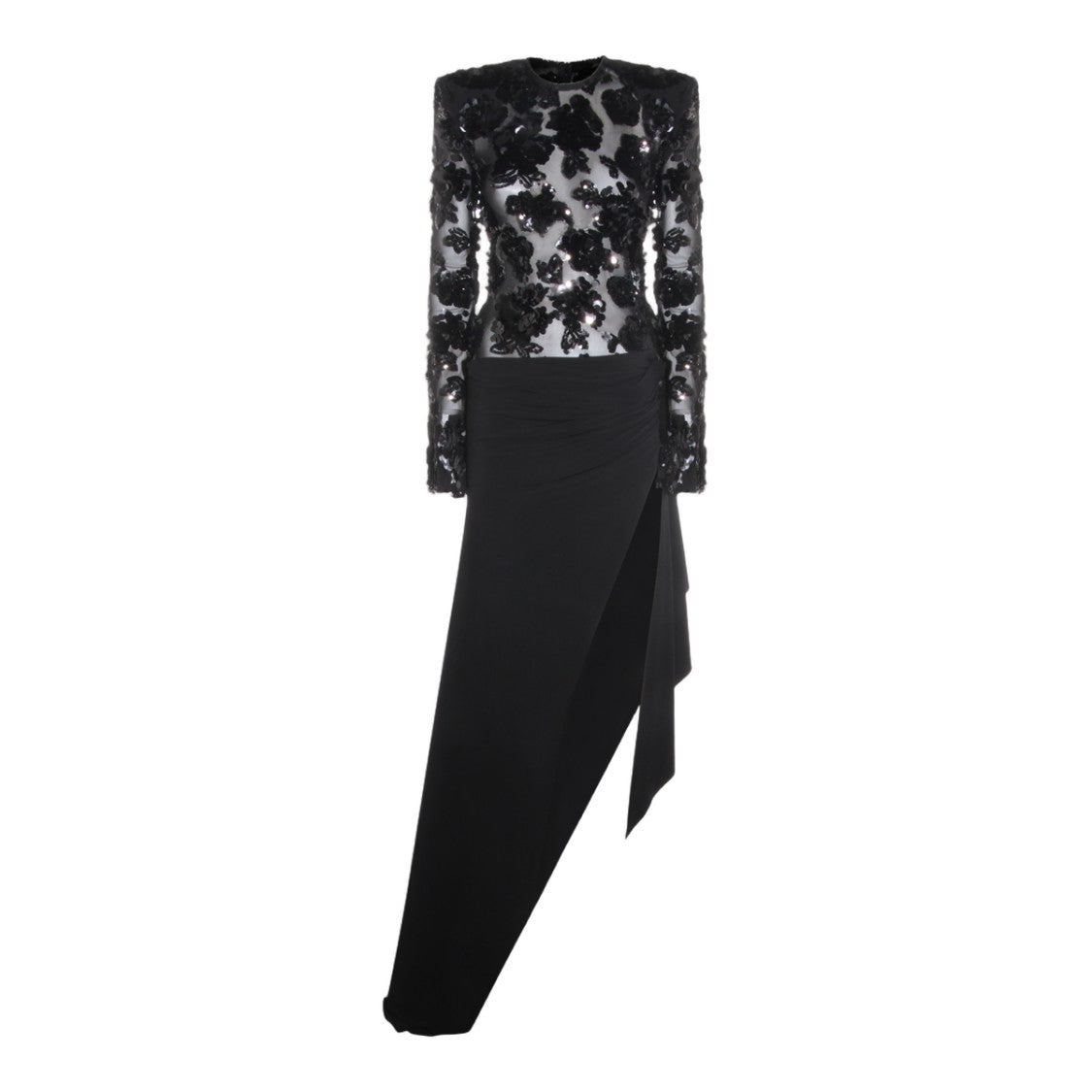 Nissa Asymmetrical Black Sequined Floral Appliqué Dress