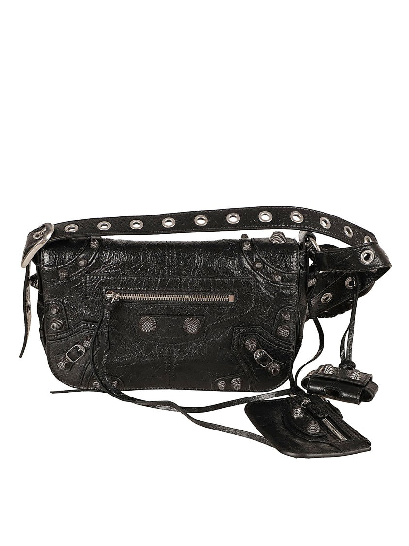 Balenciaga Black Lambskin Flap Bag With Adjustable Strap