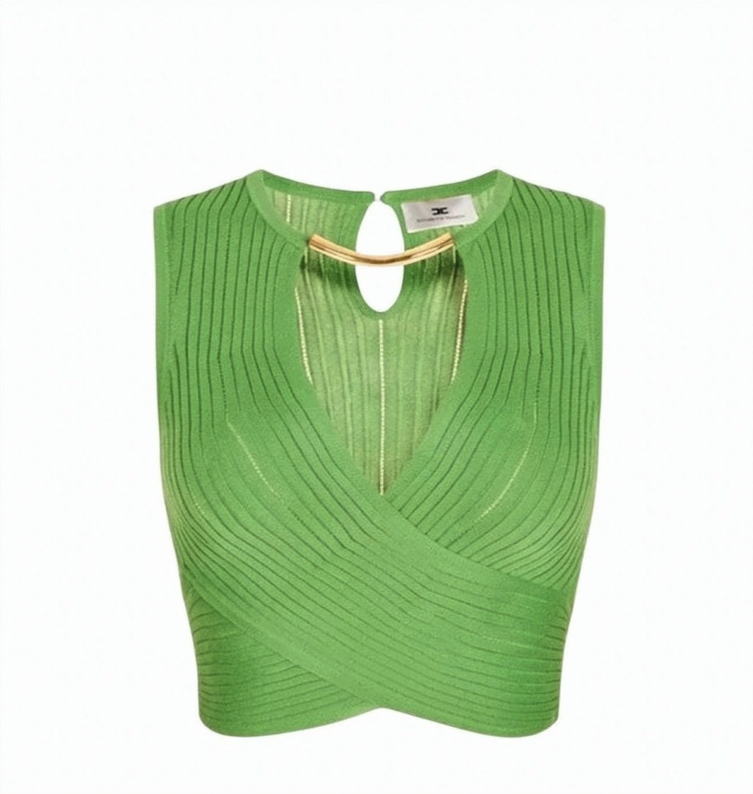 Elisabetta Franchi Sleeveless Perforated Ribbed Knitted Jewel Top