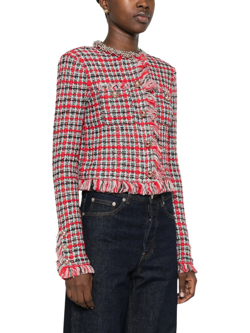 Self-Portrait Cropped Checkered Fringe Trim Jacket