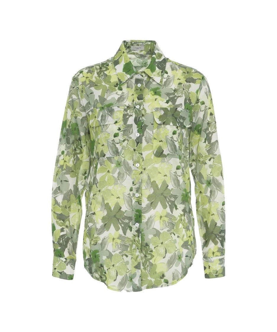 Himons Floral Patterned Cotton Blouse With Rounded Hem