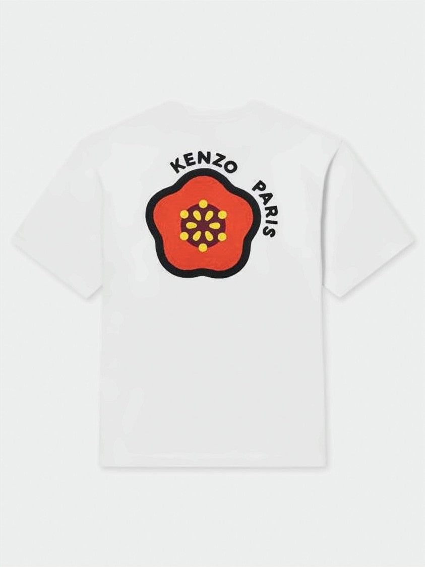 Kenzo Relaxed Fit White Cotton T-Shirt With Flower Embroidery