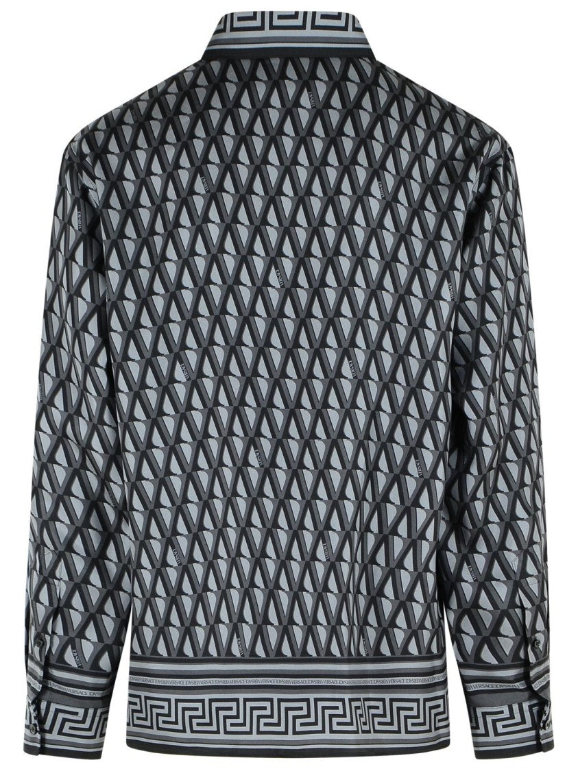 Versace Slim Shirt In Black And Gray Printed Silk Twill