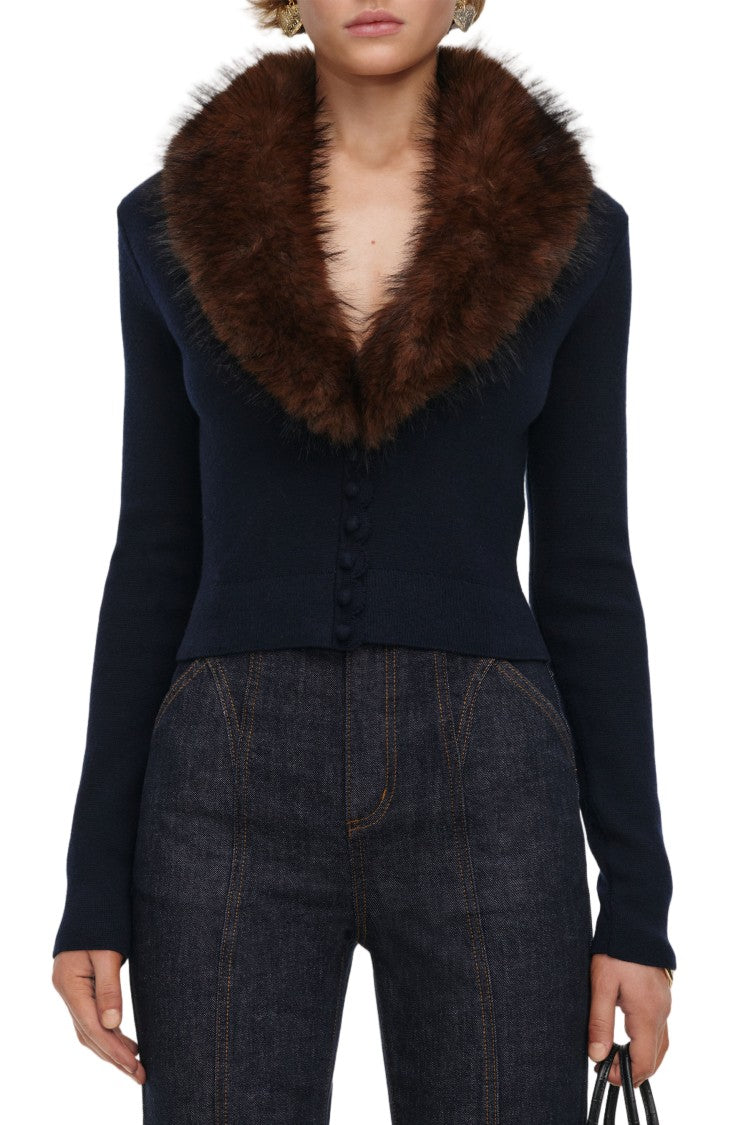 Self-Portrait Fitted Navy Blue Sweater With Brown Fur Collar