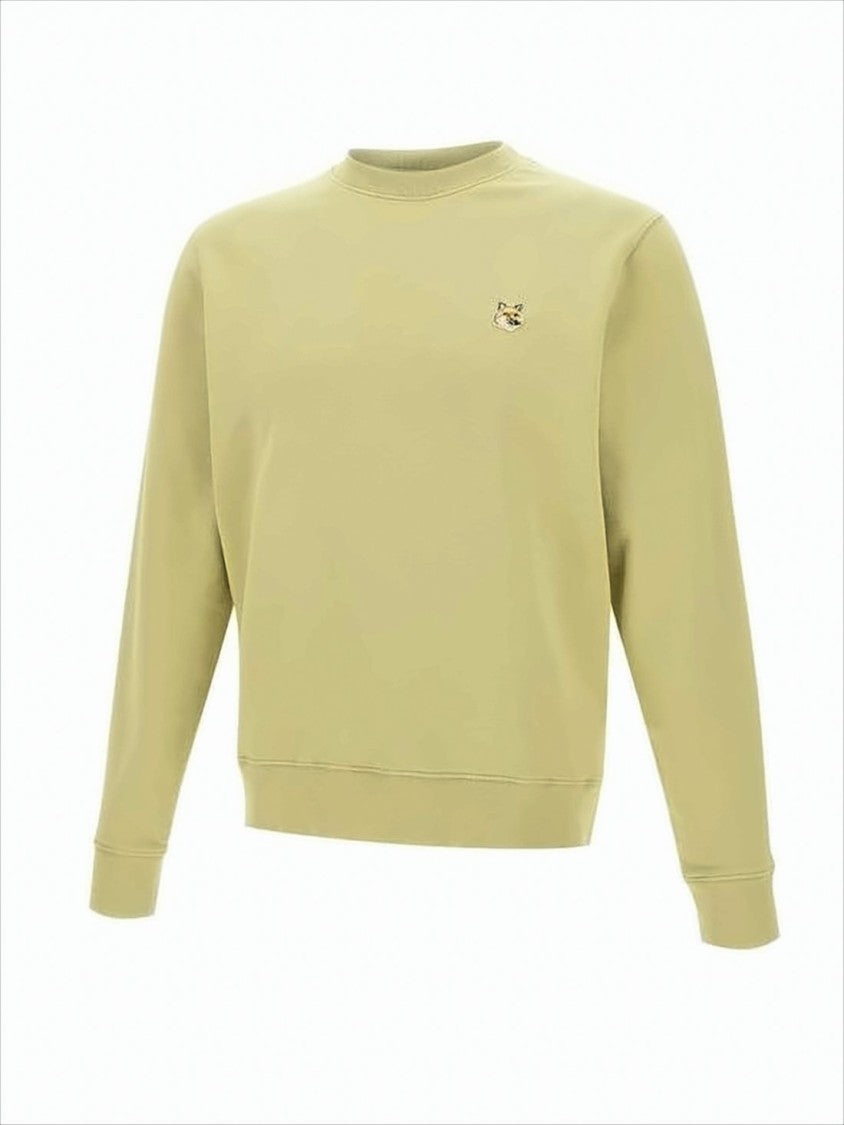 Maison Kitsuné Long-Sleeve Crewneck Sweatshirt In Light Olive With Embroidered Fox Emblem