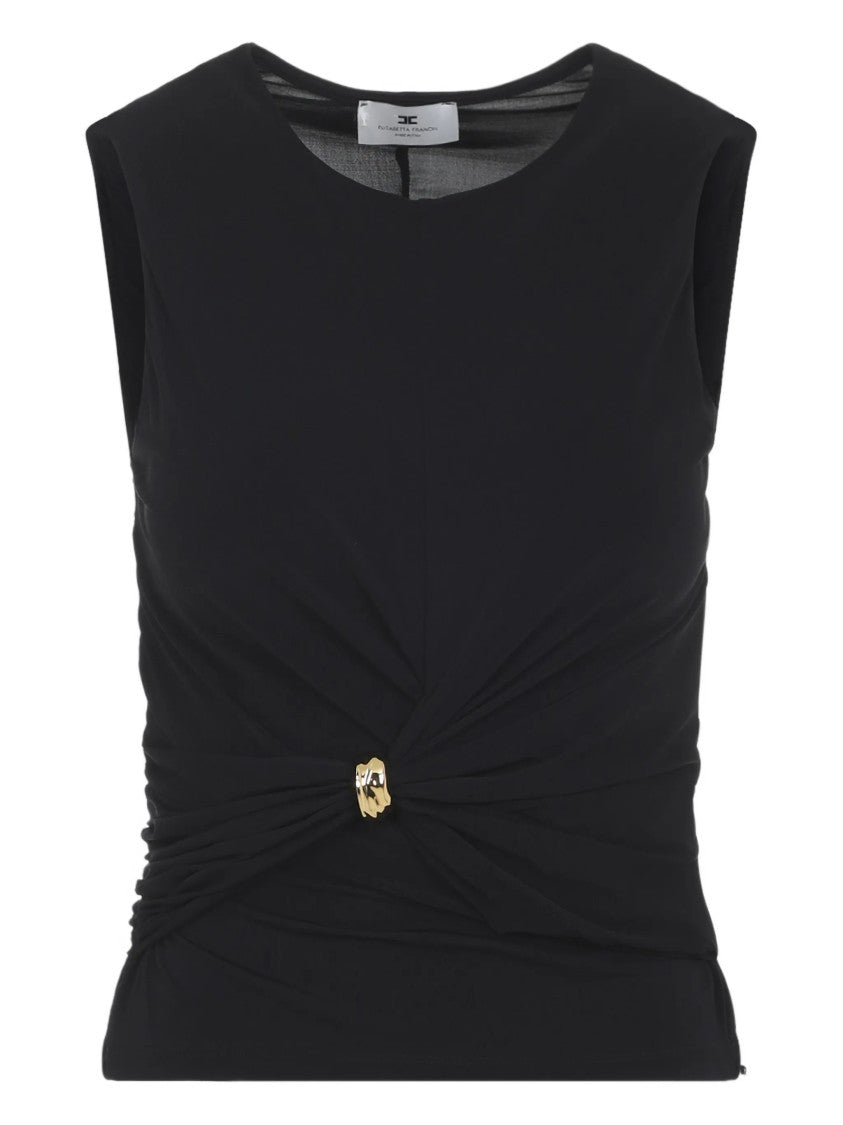 Elisabetta Franchi Gathered Waist Black Sleeveless Gold Top