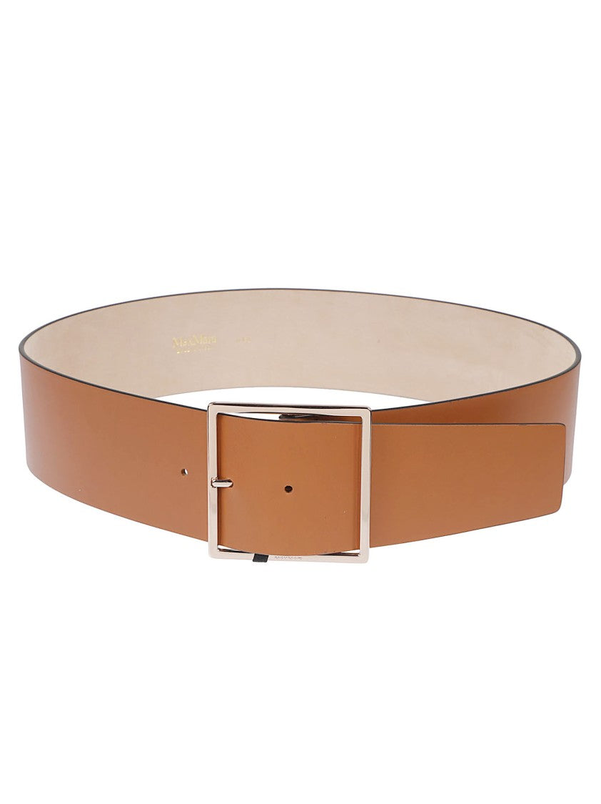 Max Mara Tan Leather Belt With Polished Rectangular Buckle