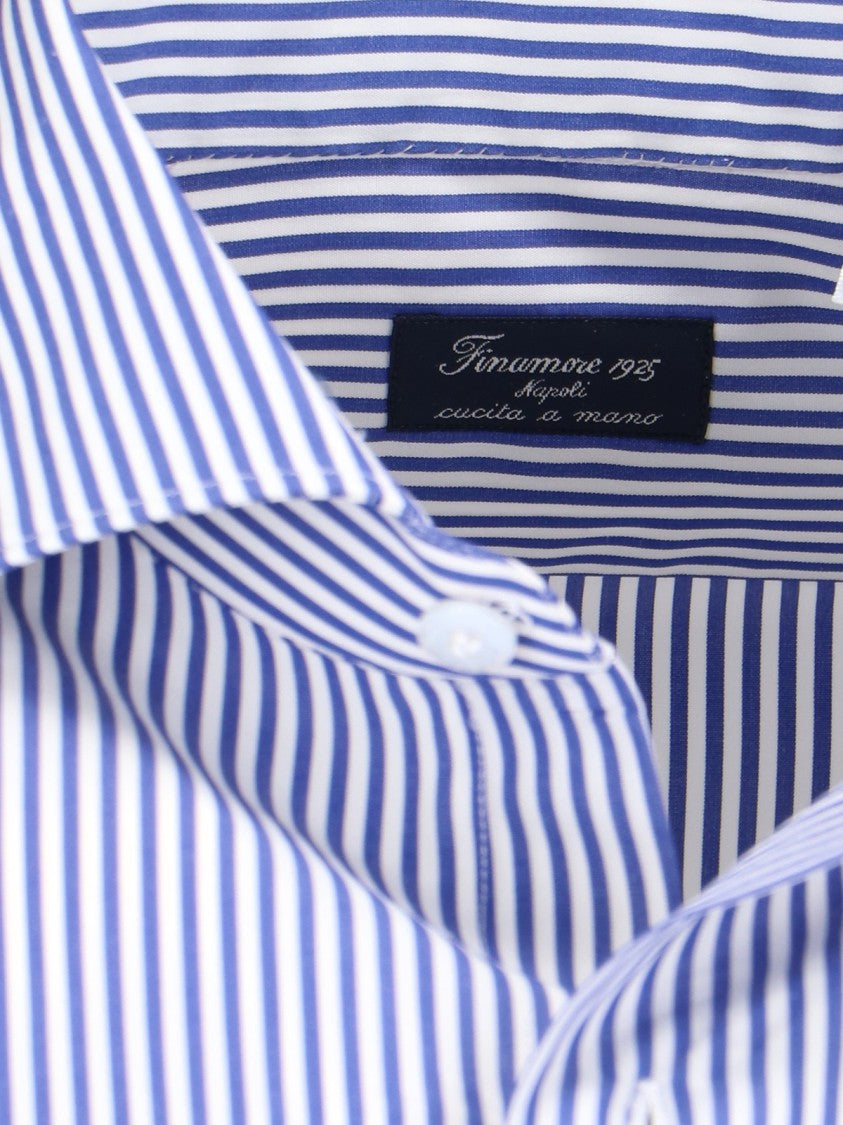 Finamore Vertical Stripe Blue Cotton Shirt With Classic Collar
