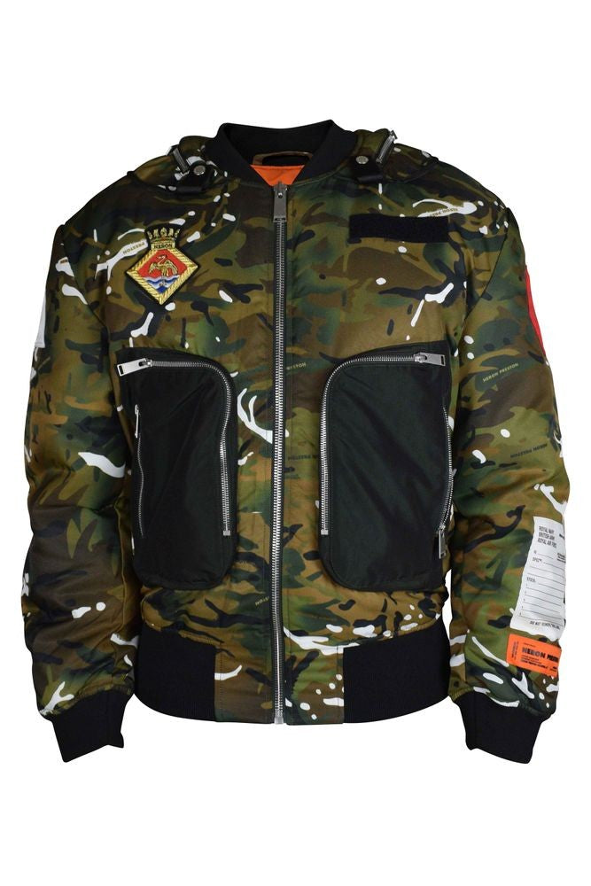 Heron Preston Khaki Camouflage Bomber Jacket With Orange Lining