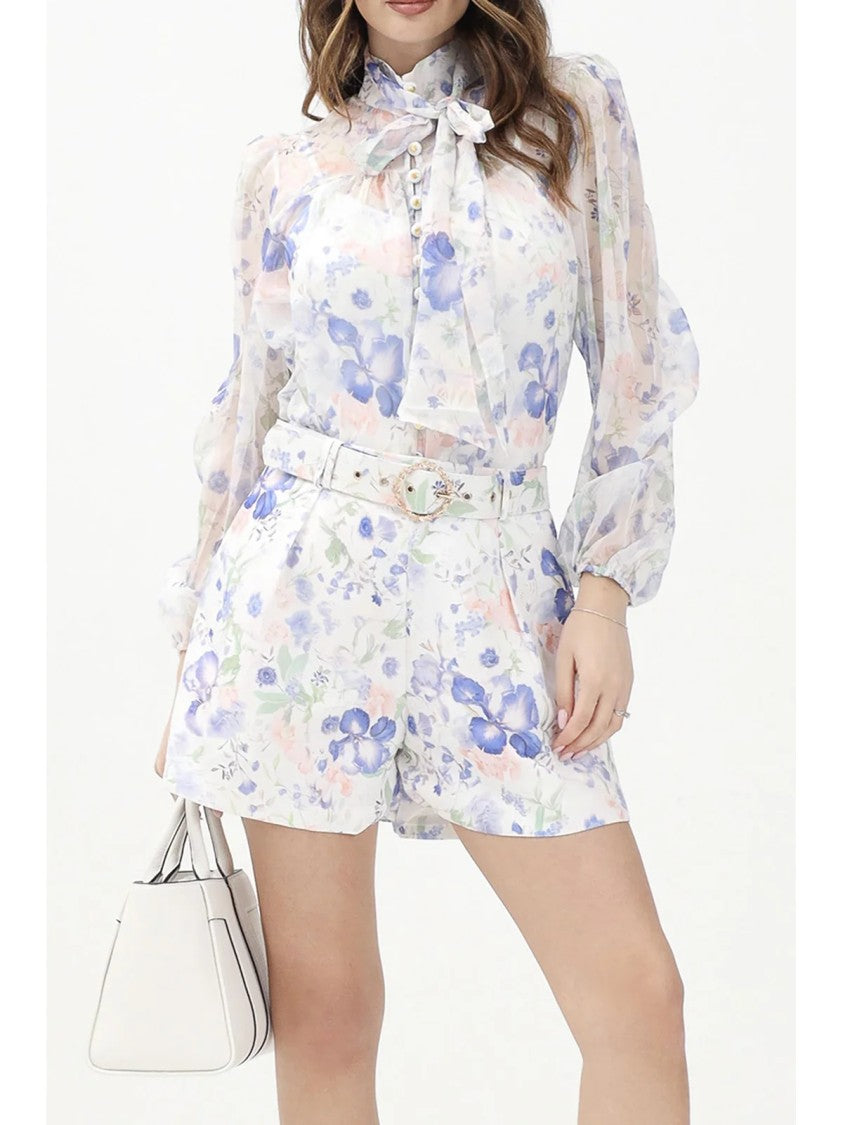 Oui,Odile! White Blue Cotton Polyester Blouse Set
