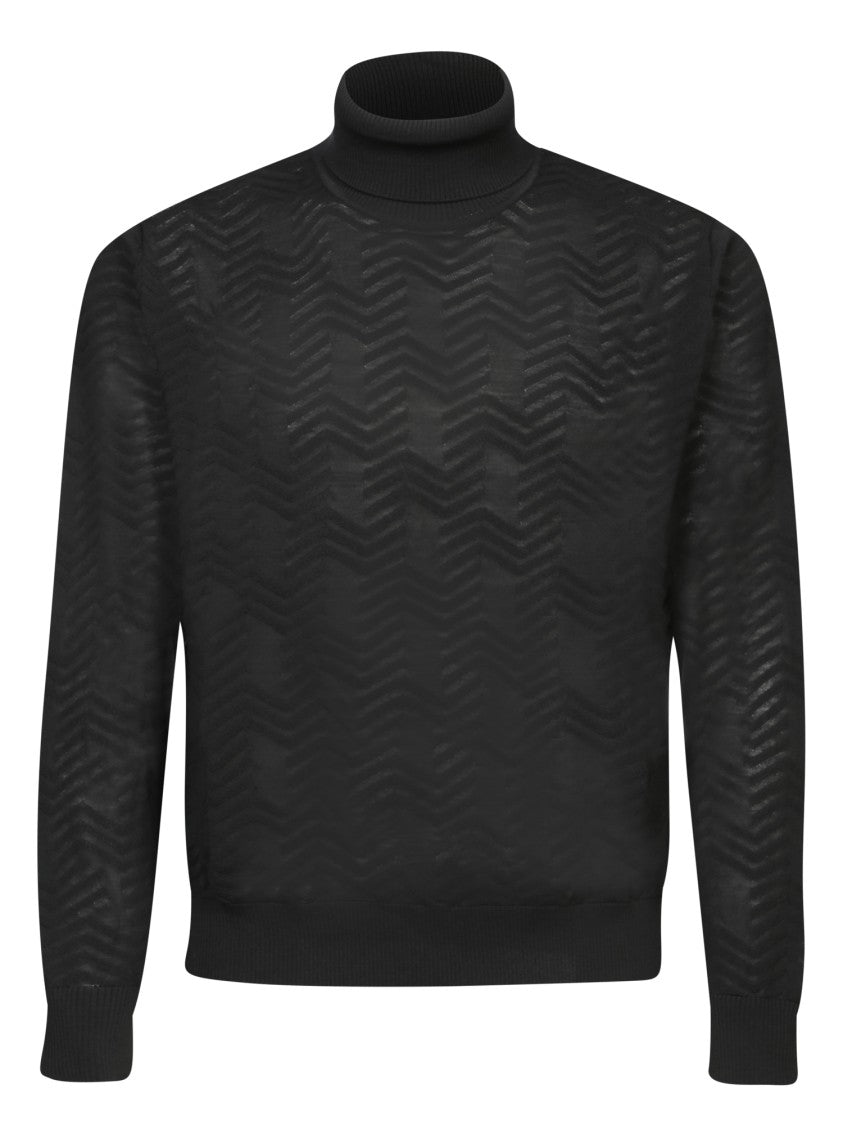 Missoni Textured Black Knitwear With Chevron Pattern And Turtleneck