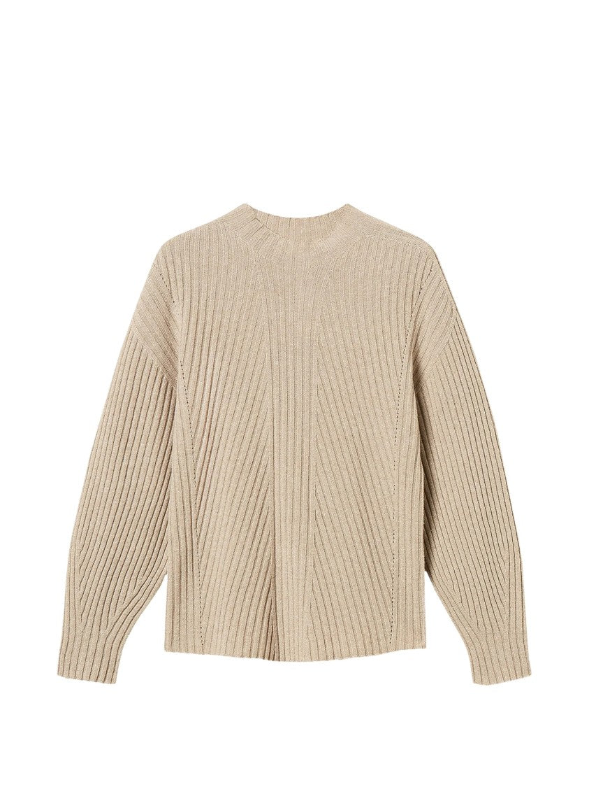 Twin-Set Beige Ribbed Wool-Blend Lurex Mock Neck Sweater