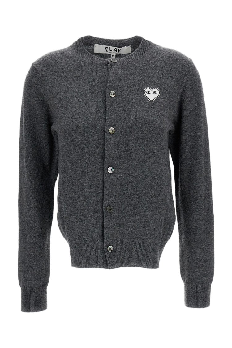 Comme Des Garçons Grey White Emblem Wool Round-Neck Cardigan