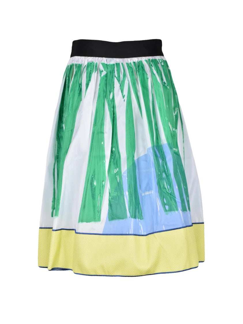Sara Roka White/Green Elastic Waist Printed Midi Skirt