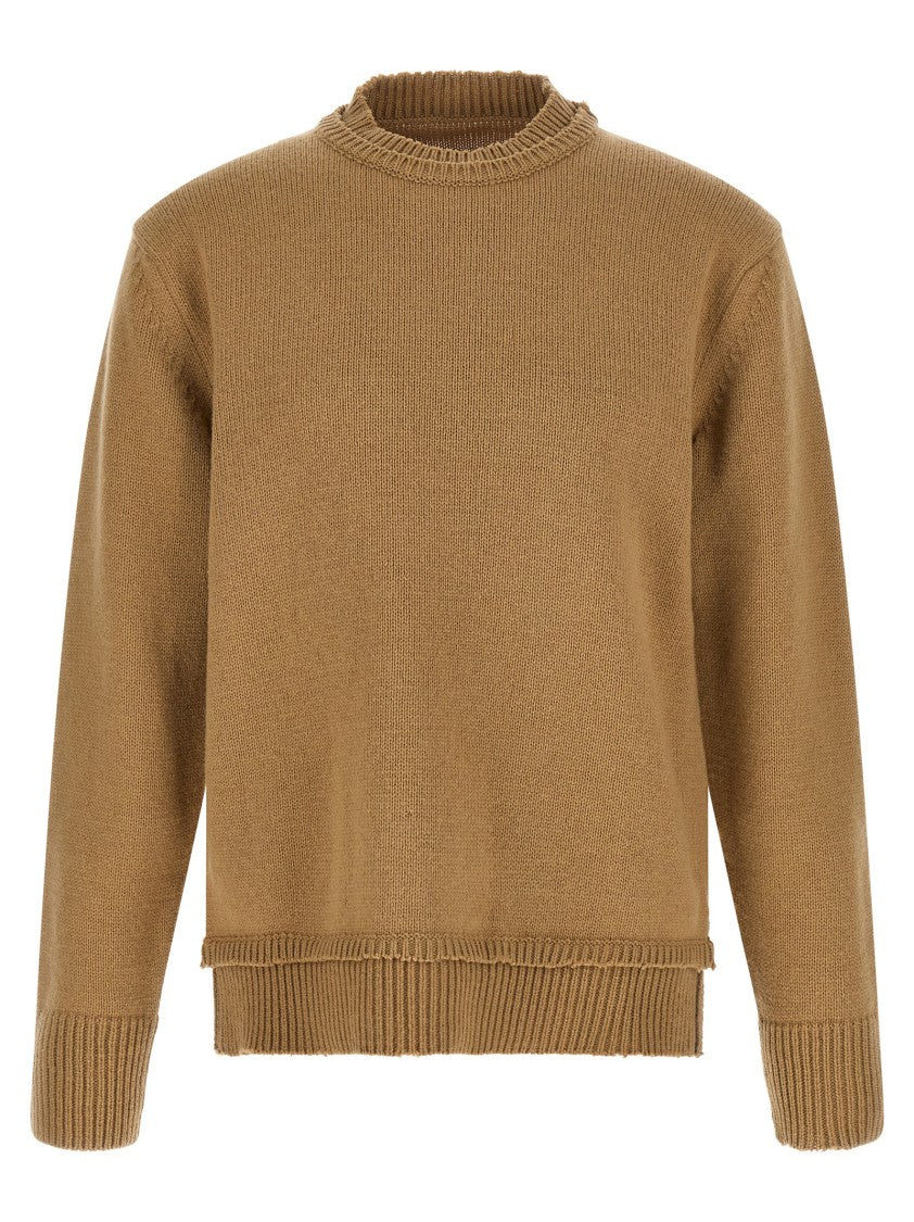 Maison Margiela Thick Knit Wool Sweater With Suede Patches And Destroyed Details