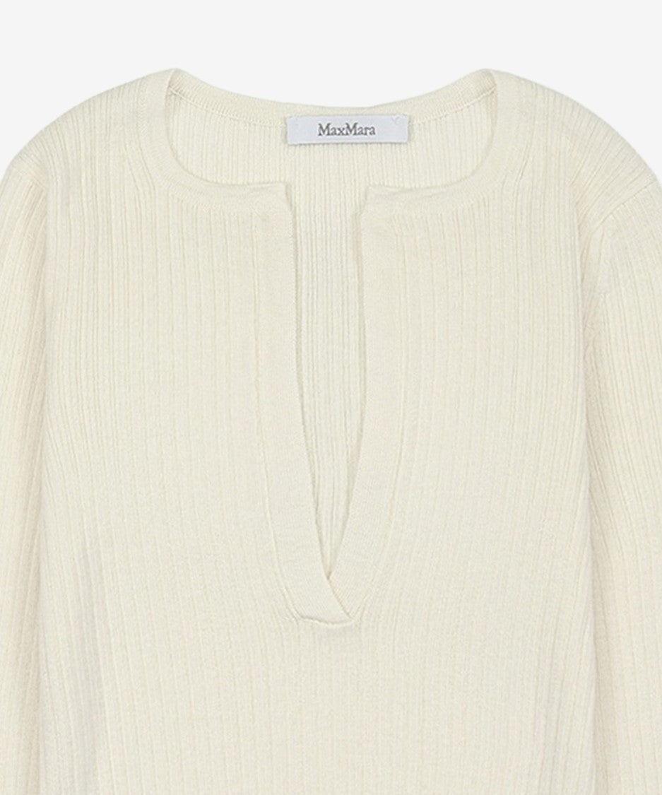 Max Mara Ribbed Silk-Cashmere Blend Sweater With Notch Neckline