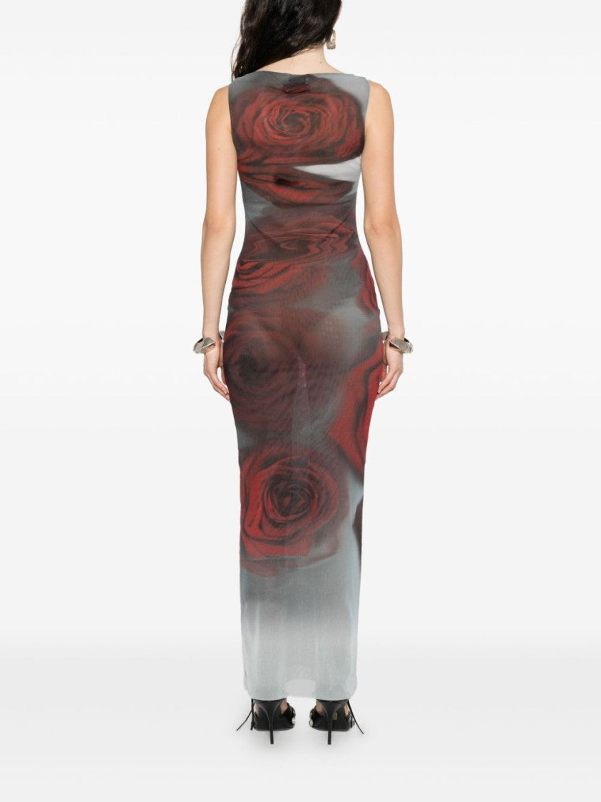 Jean Paul Gaultier Dark Red Roses Print Boat Neck Dress