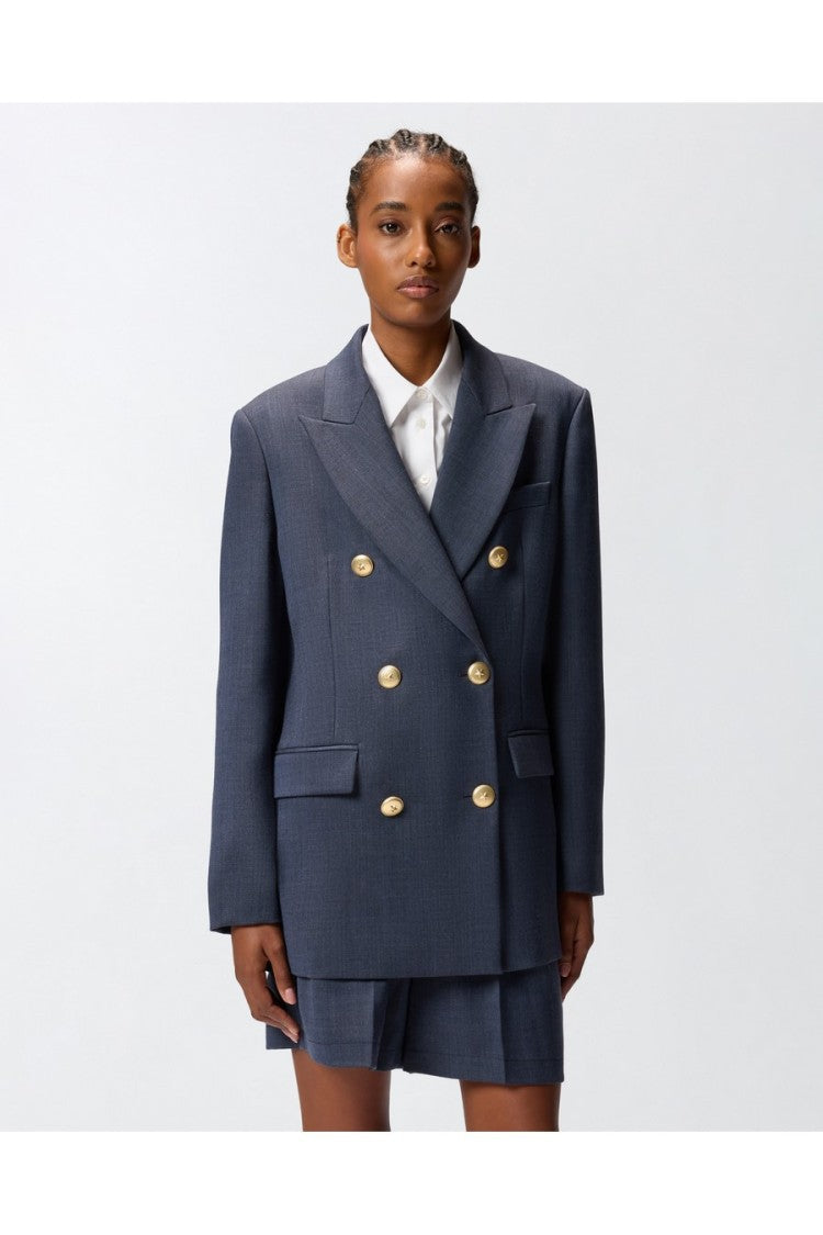 Pinko Navy Double-Breasted Gold-Button Polyester-Blend Blazer
