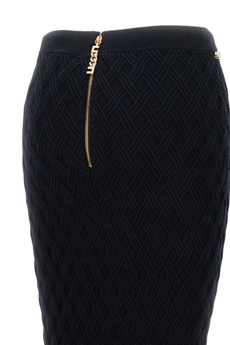 Elisabetta Franchi Fitted Midi Skirt With Textured Pattern And Gold Chain Detail