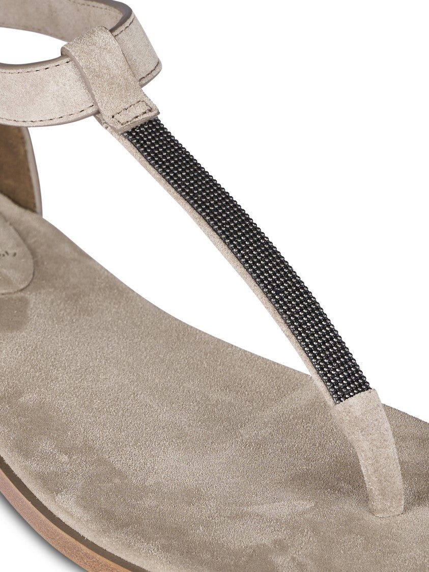 Brunello Cucinelli Flat T-Strap Sandals With Delicate Buckle Closure