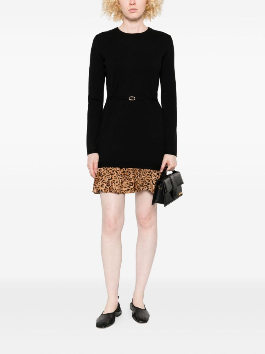 Twin-Set Black Ruffled Hem Dress With Animal Print Detail