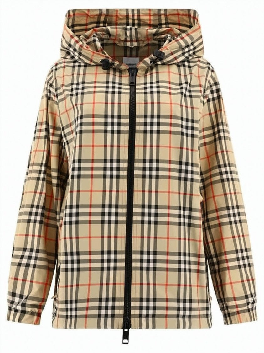 Burberry Check Pattern Hooded Jacket With Front Zipper Closure