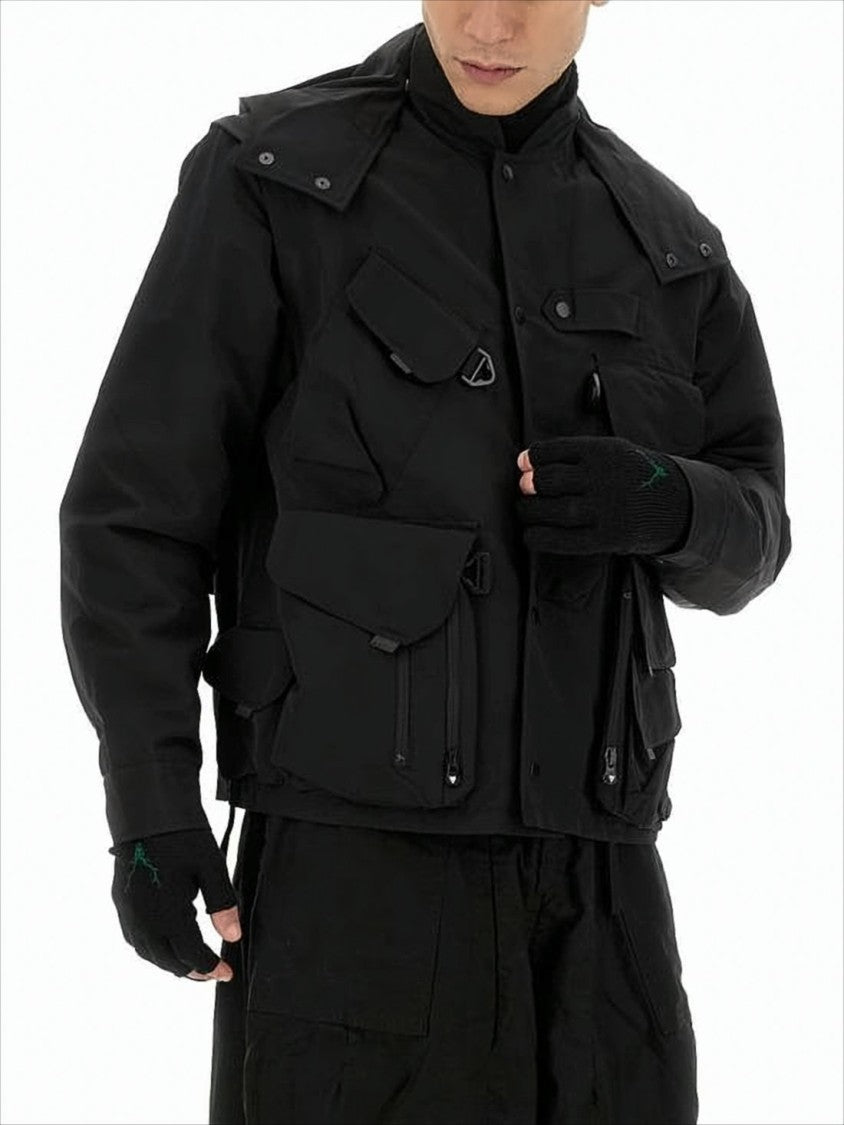 South2 West8 Structured Black Utility Jacket With Layered Design