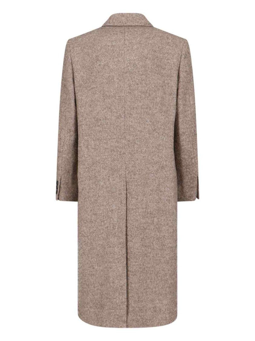 Tonywack Double-Breasted Beige Wool Coat With Herringbone Texture