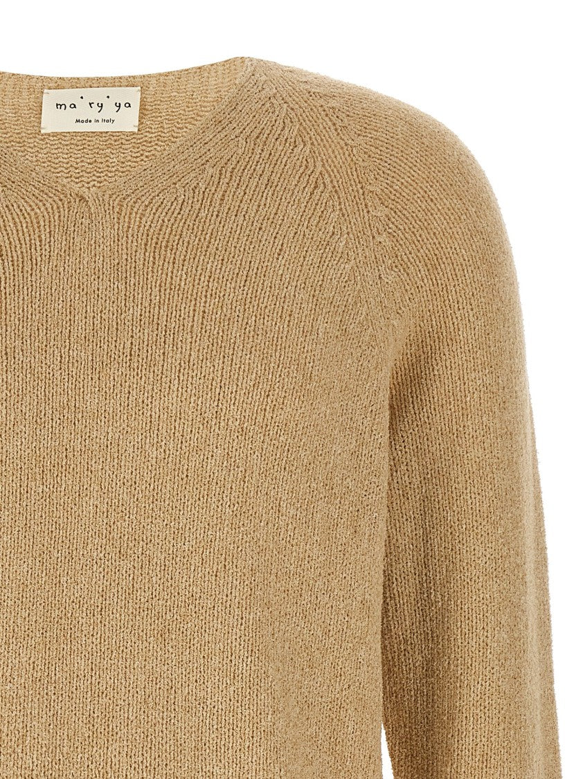 Ma'ry'ya Bouclé Cotton Blend Sweater With V-Neck