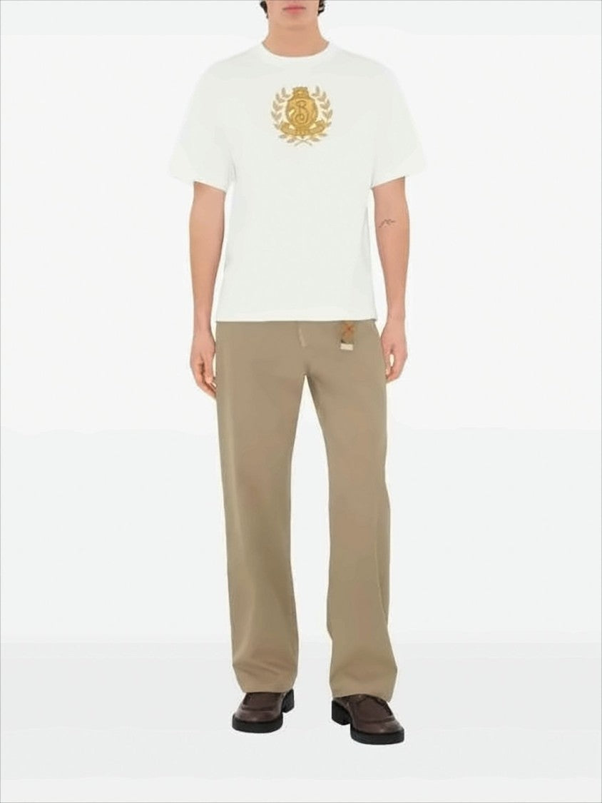 Burberry White Cotton T-Shirt With Golden Crest Emblem