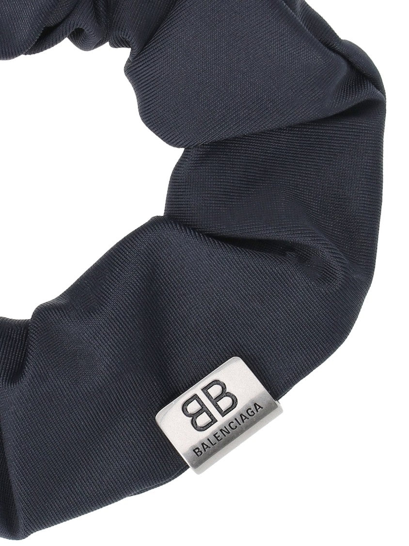 Balenciaga Gathered Black Fabric Scrunchie With Silver Logo Tag