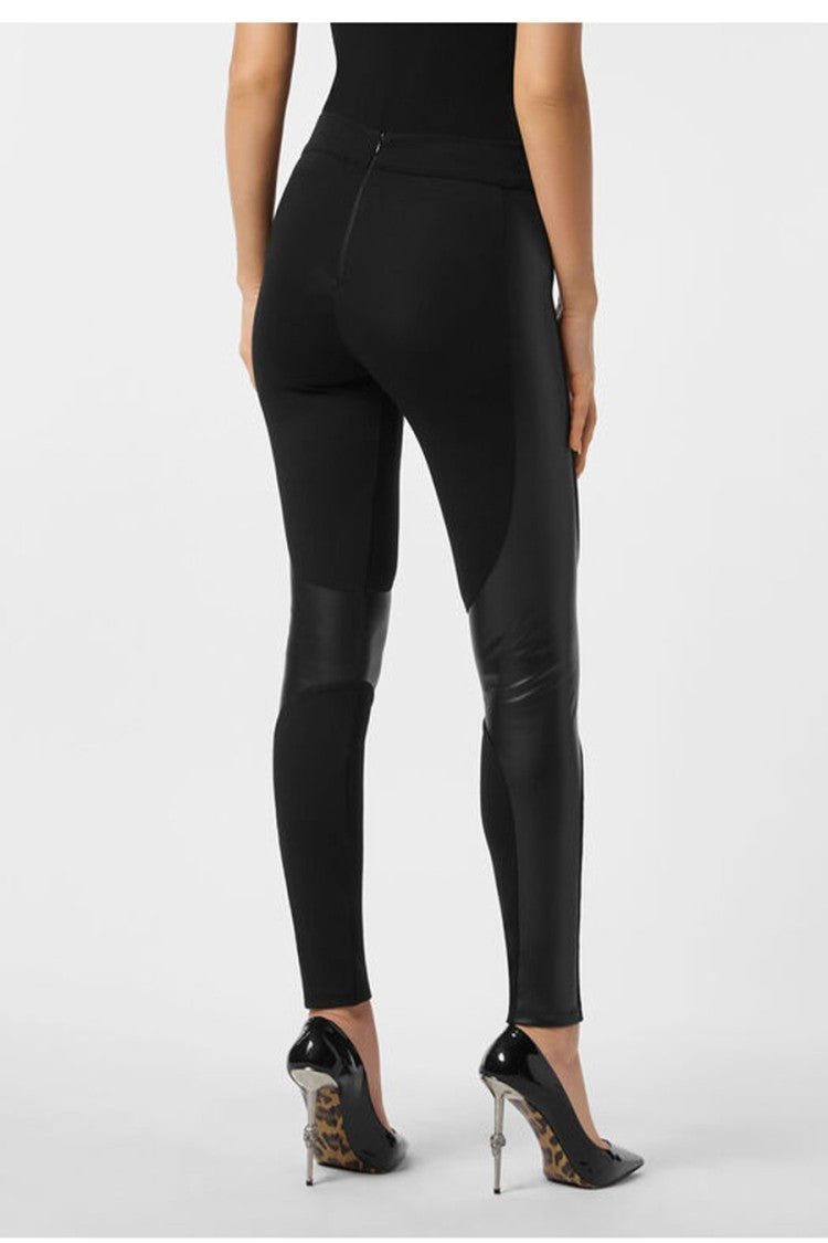 Philipp Plein Black Glossy Faux-Leather Panel Viscose-Blend Leggings