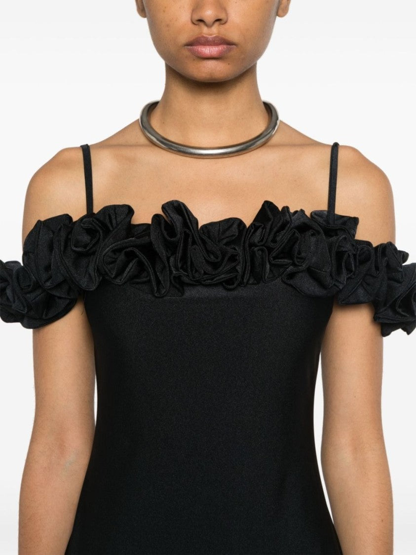 Coperni Black Asymmetric Ruffled Satin Slip Dress