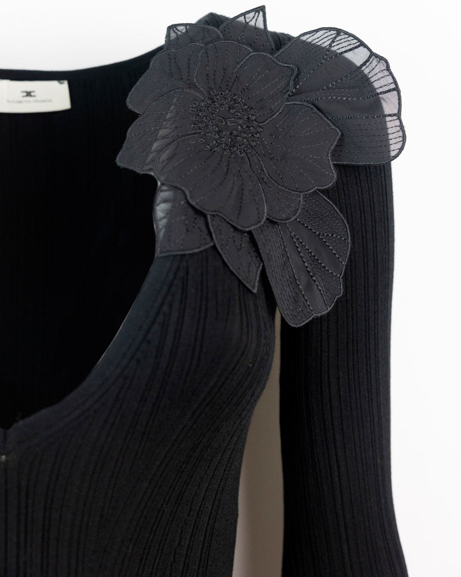 Elisabetta Franchi Ribbed Longuette Dress With Embroidered Floral Detail