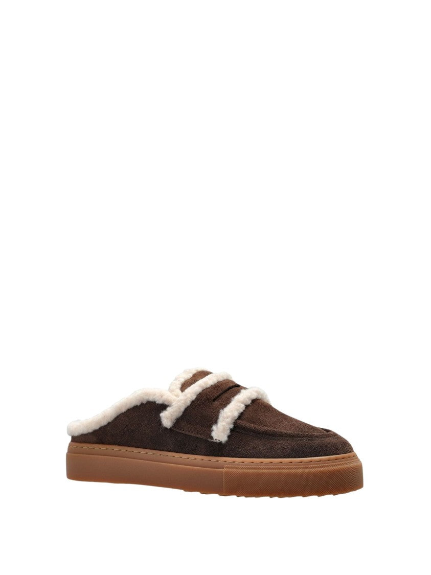 Inuikii Brown Suede Mules With Shearling Trim And Lambswool Lining