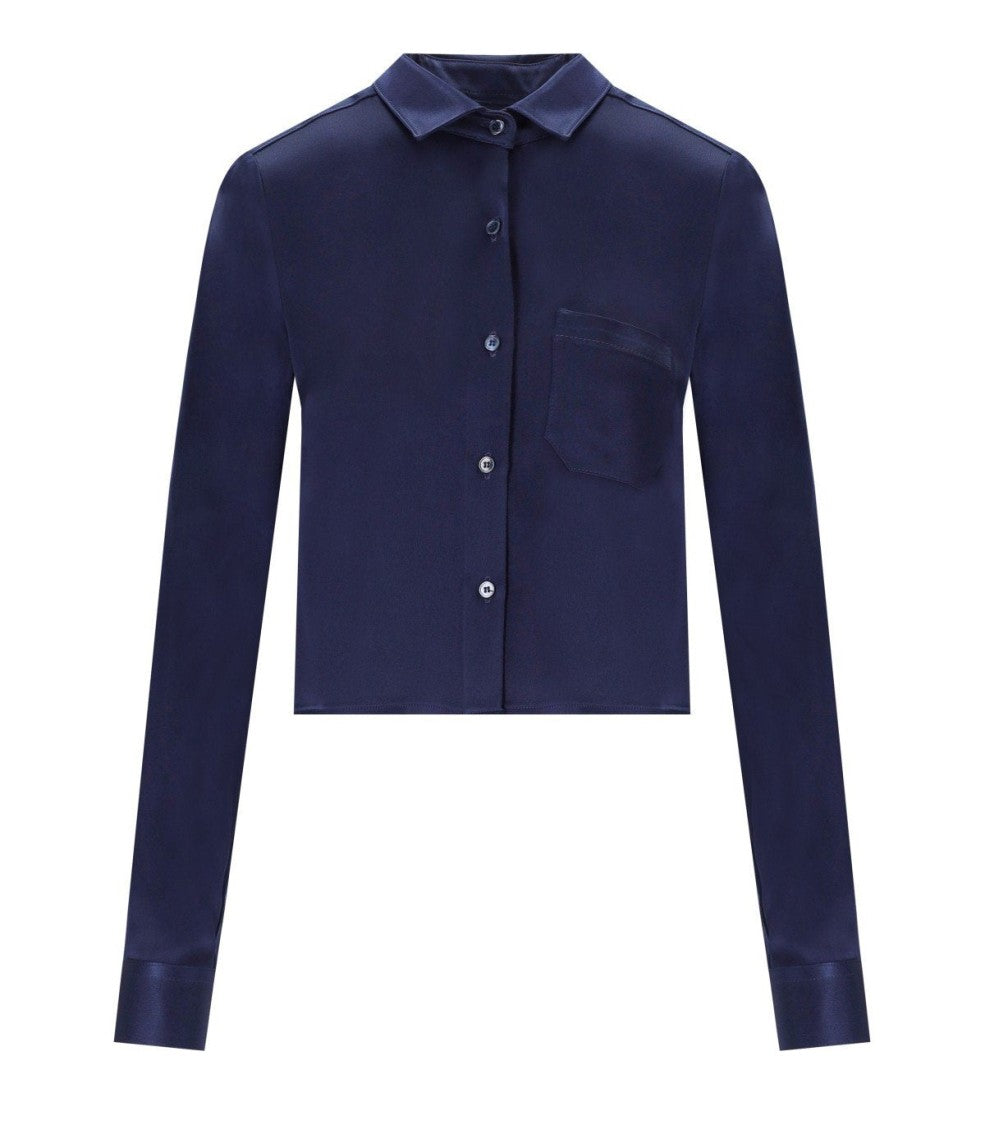 Cruna Cropped Navy Blue Satin Effect Shirt With Classic Collar
