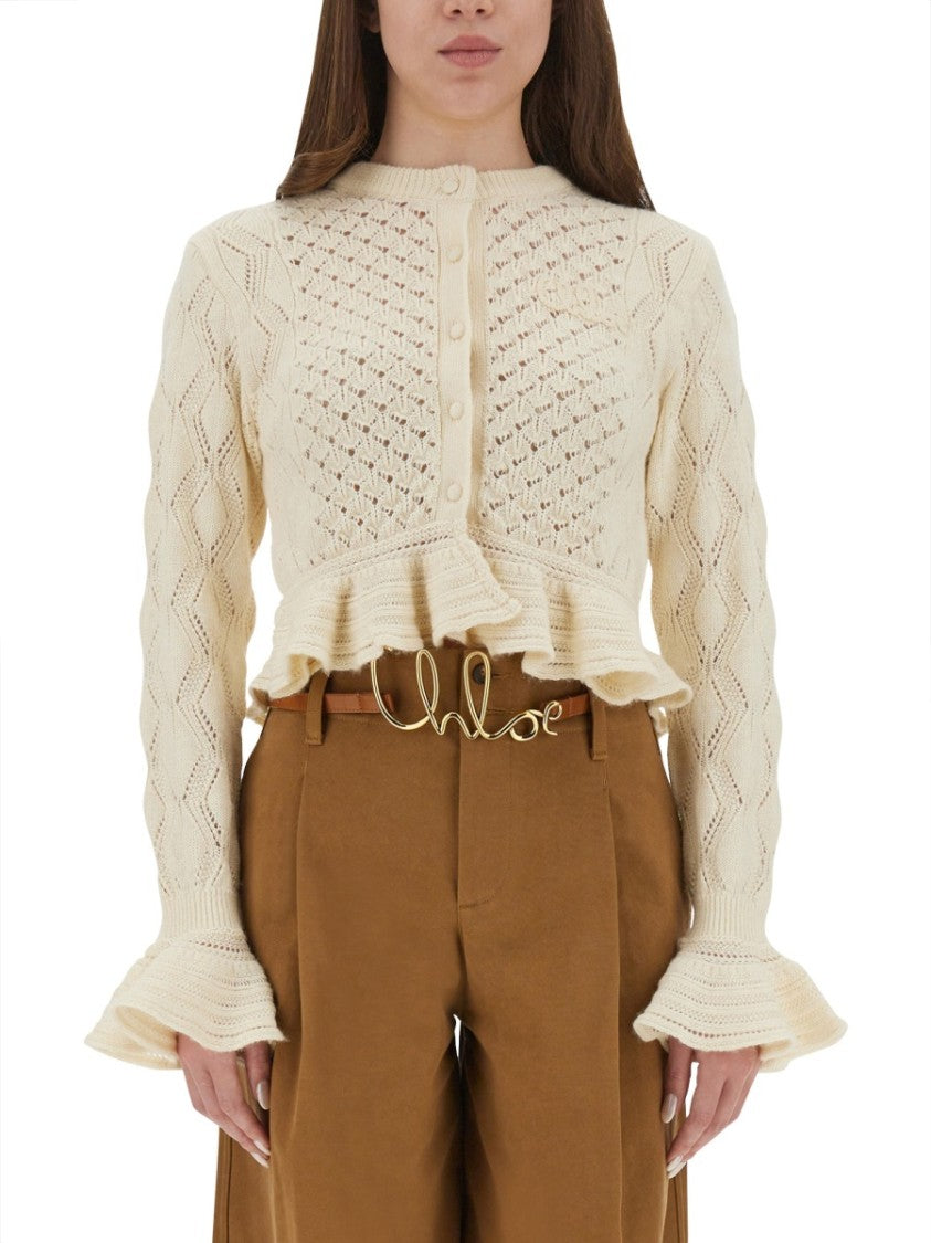 Chloé Intricate Crochet Knit Cardigan With Ruffled Hem And Flared Cuffs