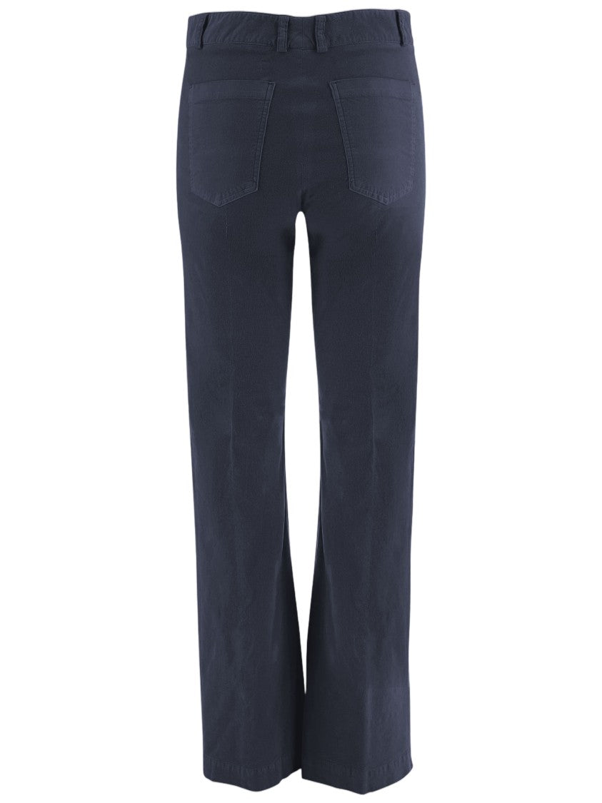 Ql2 Flared Navy Stretch Cotton Velvet Pants With Pressed Center Crease