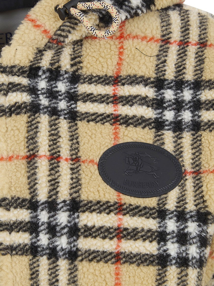 Burberry Cropped Fleece Jacket With Drawstring Hood And Check Pattern