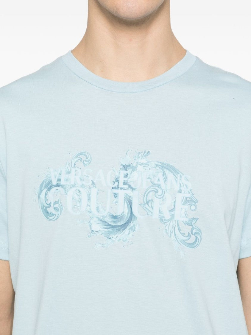 Versace Jeans Couture Light Blue Short-Sleeve T-Shirt With Artistic Print