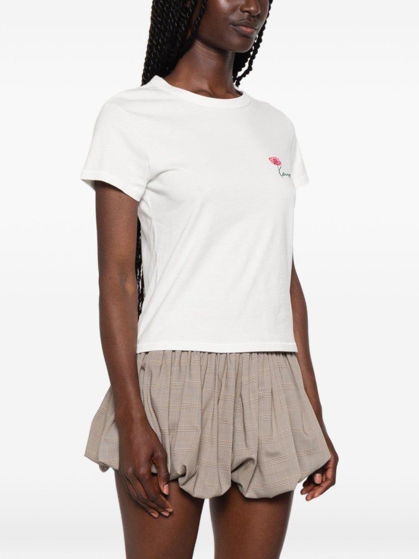 Kenzo White Flower Embroidery Logo Crew Neck Top