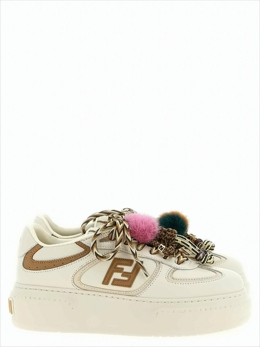 Fendi Creamy Leather Sneakers With Colorful Pom-Poms