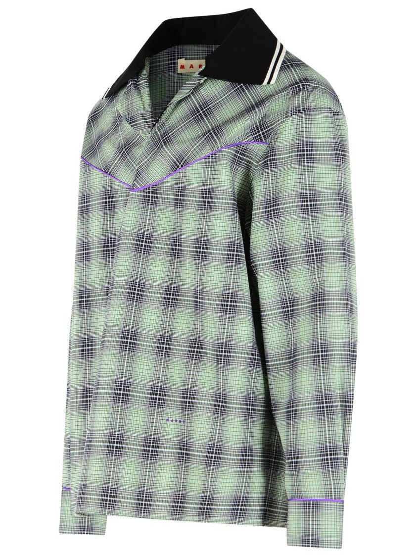 Marni Checked Green Cotton Casual Shirt With Wide Collar