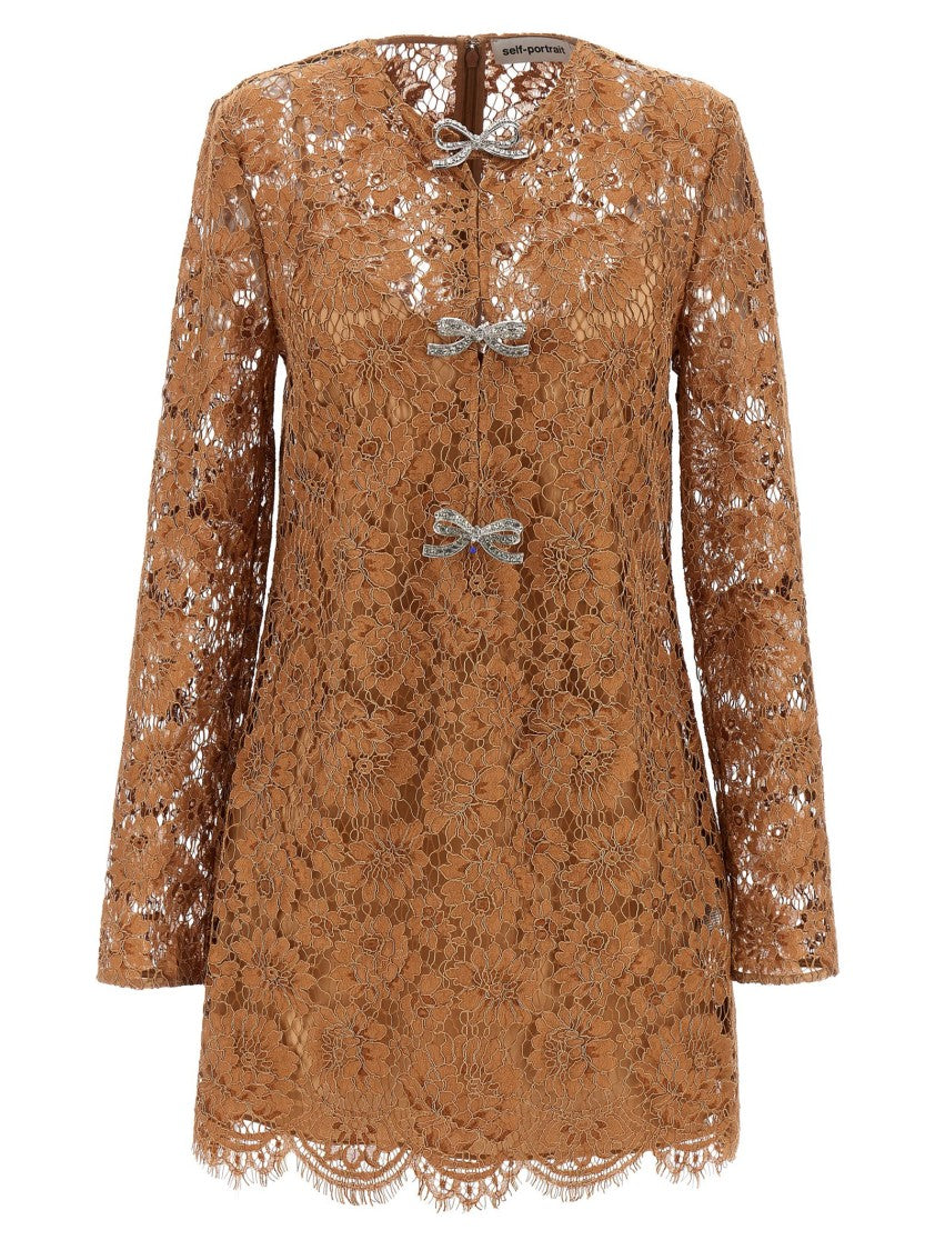 Self-Portrait 'Tan Lace Bow Mini' Dress