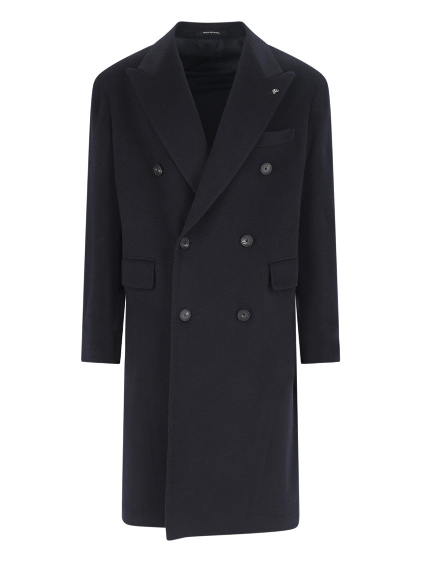 Tagliatore Navy Cashmere Double-Breasted Coat With Notched Lapel