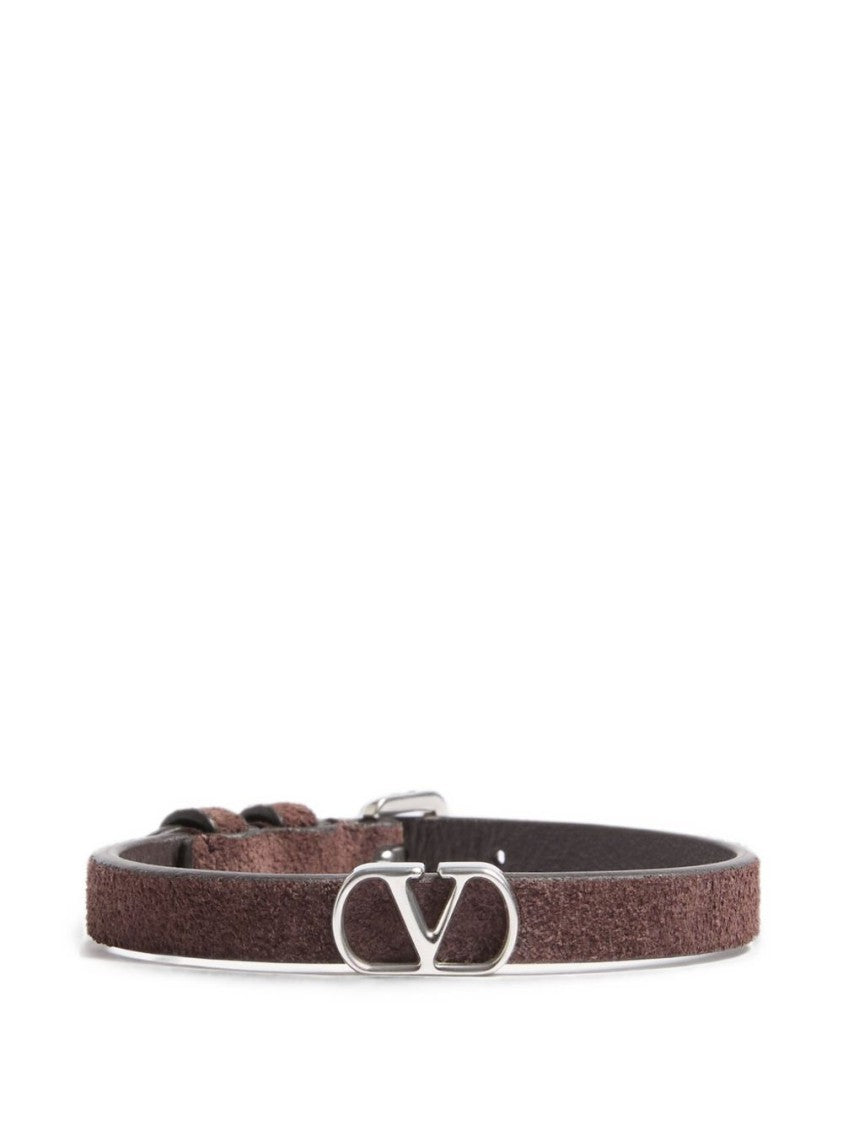 Valentino Garavani Brown Textured Suede Silver Emblem Bracelet