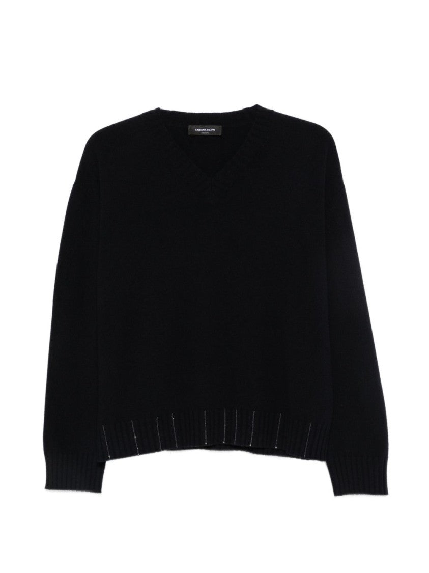 Fabiana Filippi V-Neck Vertical Stitch Knit Sweater