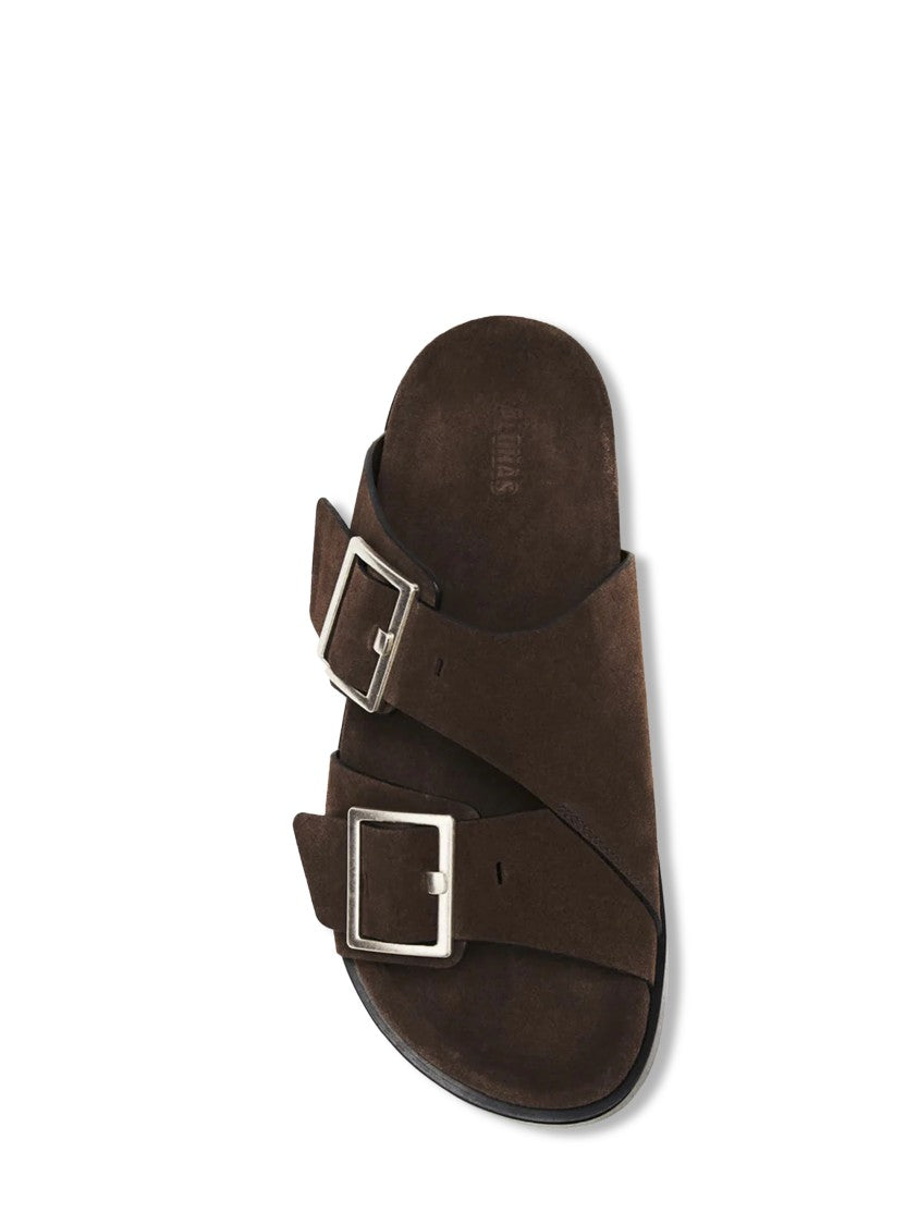 Alohas Cross-Strap Brown Suede Sandals With Silver Buckles
